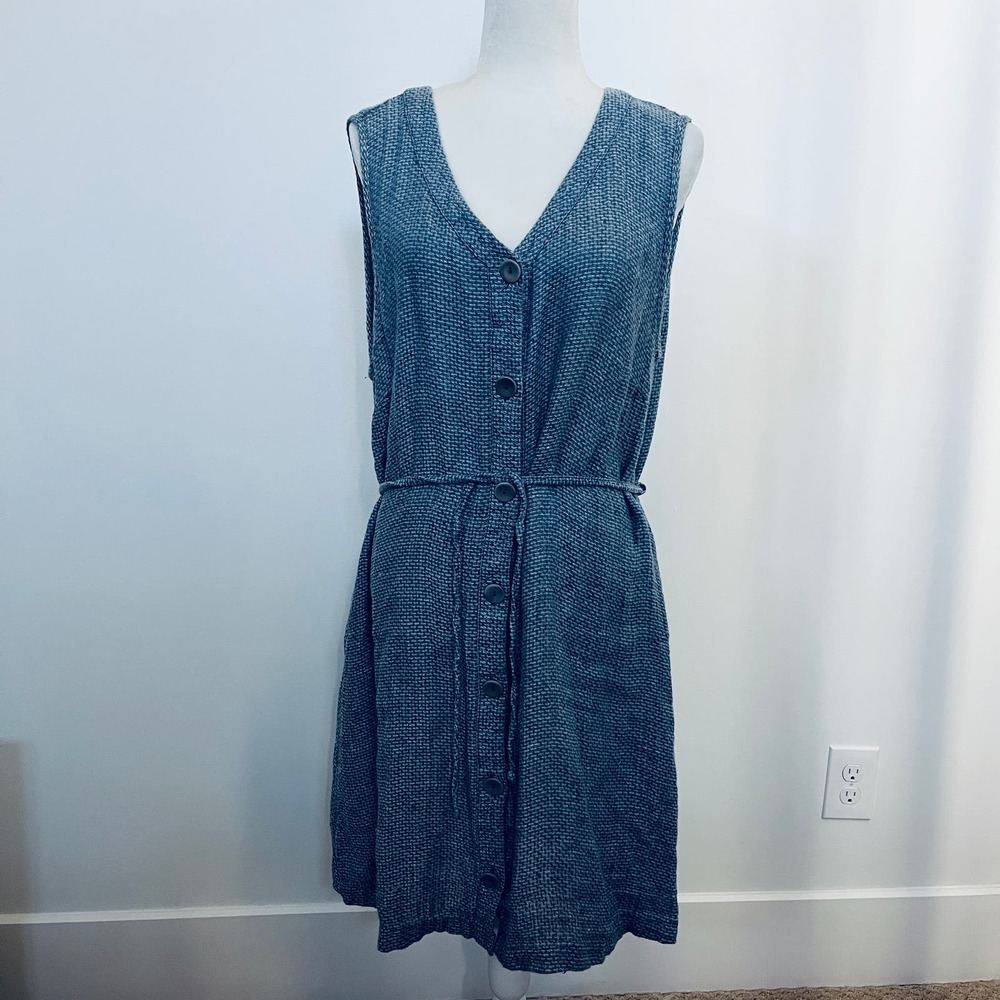 Flax Textured Linen Button Up Belted Sleeveless D… - image 1